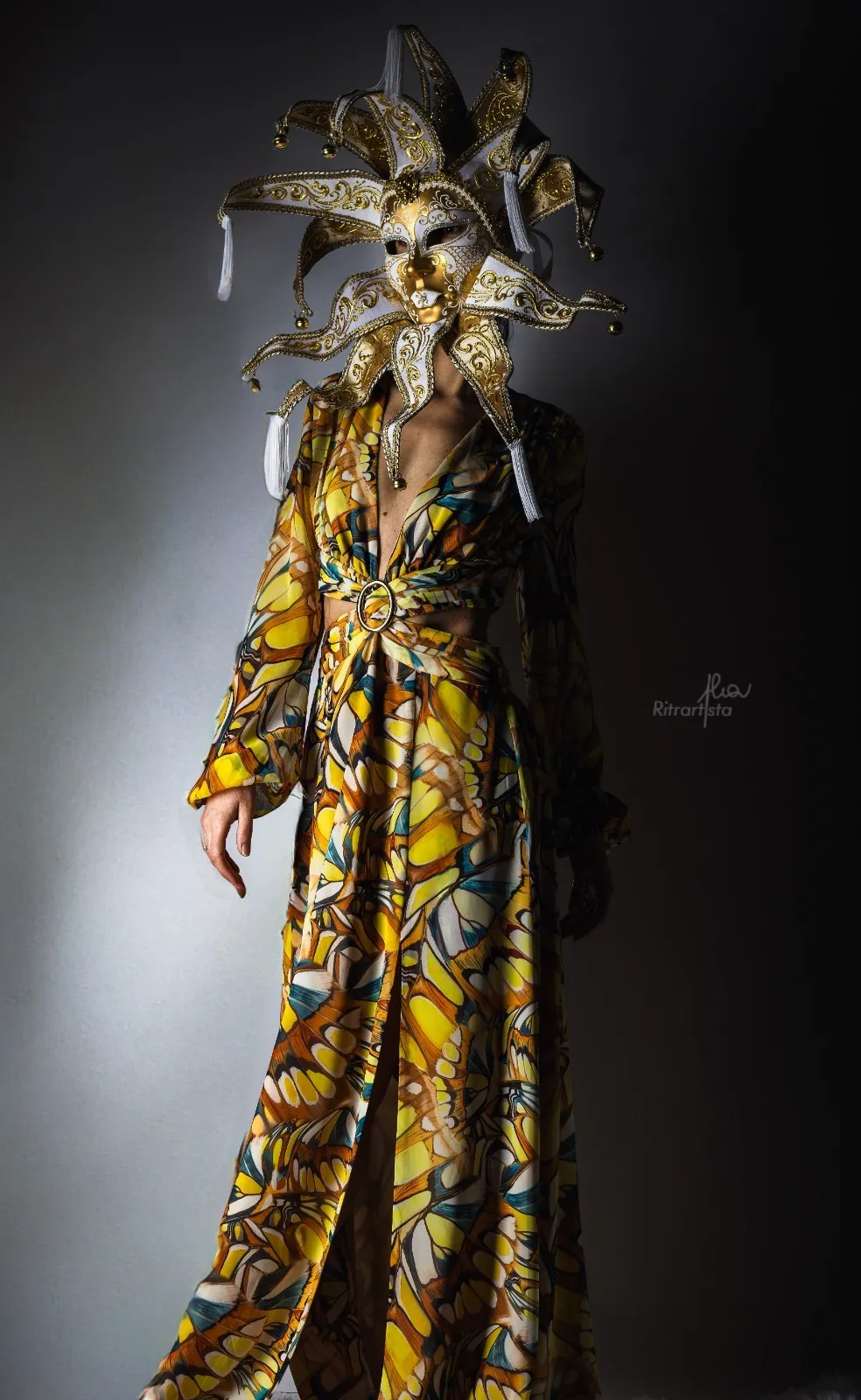 Figura con maschera veneziana dorata e abito a fantasia di ali di farfalla